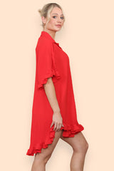Pleated Button Up Frill Detail Swing Dress in Red side