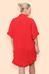 Pleated Button Up Frill Detail Swing Dress in Red back