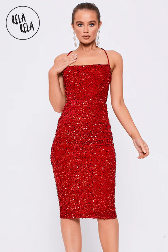 Party Sequin Square Neckline Lace Back Midi Dress in Red