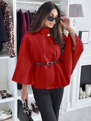 Belted Cape Poncho Jacket Coat in Red