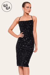 Party Sequin Square Neckline Lace Back Midi Dress in Black