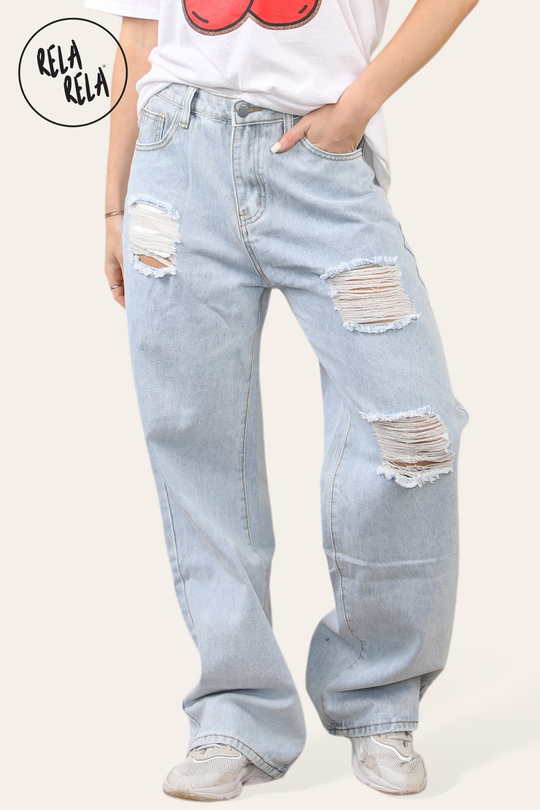 Womens High Waisted Wide Leg Ripped Denim Jeans