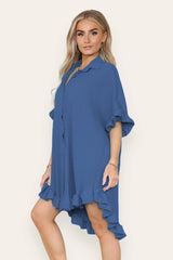 Pleated Button Up Frill Detail Swing Dress in Denim