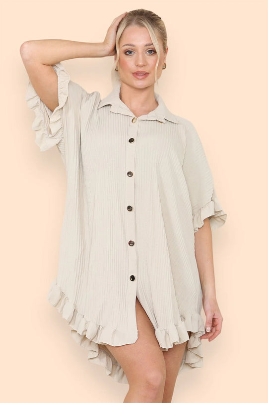 Pleated Button Up Frill Detail Swing Dress in Beige