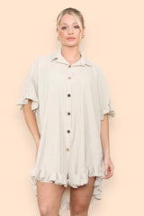Pleated Button Up Frill Detail Swing Dress in Beige