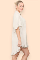Pleated Button Up Frill Detail Swing Dress in Beige