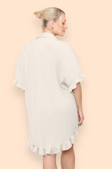 Pleated Button Up Frill Detail Swing Dress in Beige