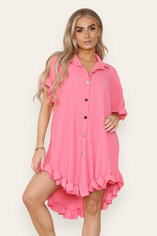 Pleated Button Up Frill Detail Swing Dress in Coral