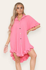 Pleated Button Up Frill Detail Swing Dress in Coral