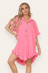 Pleated Button Up Frill Detail Swing Dress in Coral