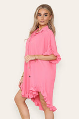 Pleated Button Up Frill Detail Swing Dress in Coral