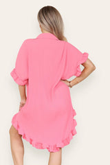 Pleated Button Up Frill Detail Swing Dress in Coral