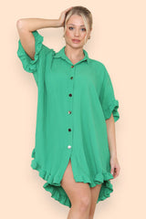 Pleated Button Up Frill Detail Swing Dress in Emerald Green
