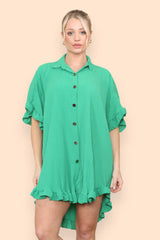 Pleated Button Up Frill Detail Swing Dress in Emerald Green