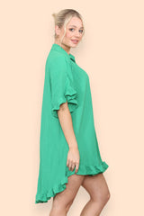 Pleated Button Up Frill Detail Swing Dress in Emerald Green