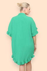 Pleated Button Up Frill Detail Swing Dress in Emerald Green