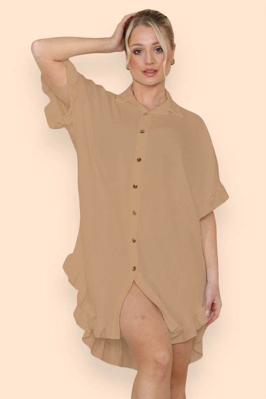 Pleated Button Up Frill Detail Swing Dress in Mocha