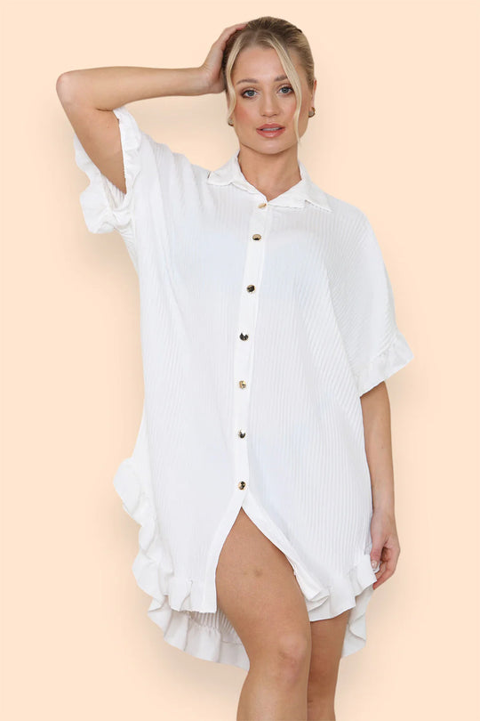 Pleated Button Up Frill Detail Swing Dress in White