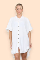 Pleated Button Up Frill Detail Swing Dress in White