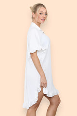 Pleated Button Up Frill Detail Swing Dress in White