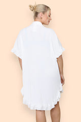 Pleated Button Up Frill Detail Swing Dress in White