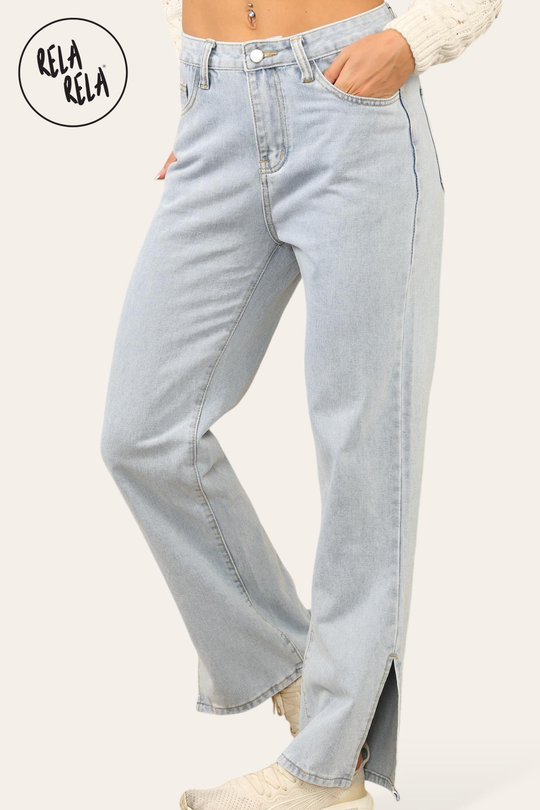 High Waisted Wide Leg Denim Jeans With Split