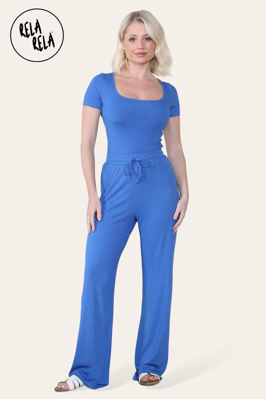Scoop Neck Bodysuit & Wide Leg Trousers Co-Ord in Royal Blue