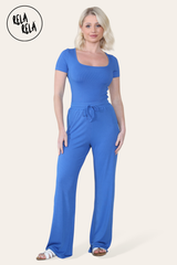 Scoop Neck Bodysuit & Wide Leg Trousers Co-Ord in Royal Blue front