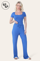 Scoop Neck Bodysuit & Wide Leg Trousers Co-Ord in Royal Blue front 2