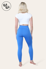 Back view of blue bum shaping leggings, highlighting lift and support