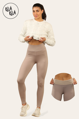 Front view of taupe fleece lined leggings with high waisted fit