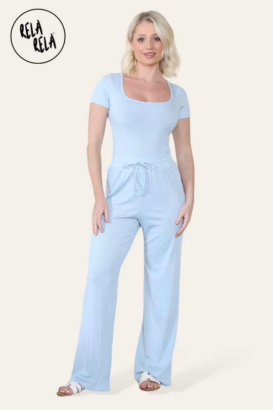 Scoop Neck Bodysuit & Wide Leg Trousers Co-Ord in Baby Blue