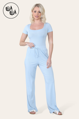 Scoop Neck Bodysuit & Wide Leg Trousers Co-Ord in Baby Blue front 2