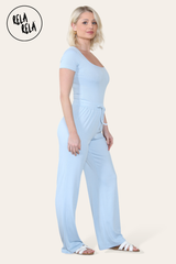 Scoop Neck Bodysuit & Wide Leg Trousers Co-Ord in Baby Blue side