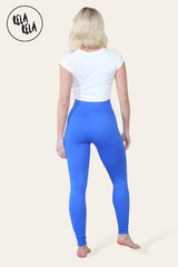 Back view of high waisted gym leggings in royal blue colour