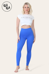 High waisted leggings in royal blue styled with sports top