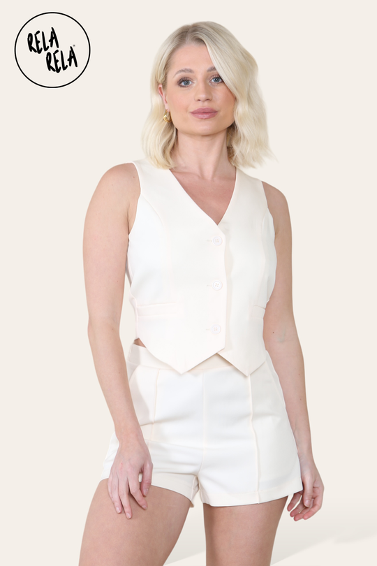 V Neck Button Up Waistcoat & Matching Shorts Co-Ord in White