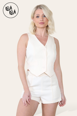 V Neck Button Up Waistcoat & Matching Shorts Co-Ord in White front