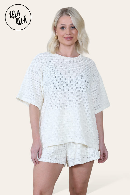 Oversized Crochet T-Shirt & Shorts Co-Ord Set in Cream