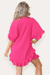 Pleated Button Up Frill Detail Shirt & Matching Frill Shorts Co-Ord in Hot Pink
