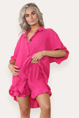 Pleated Button Up Frill Detail Shirt & Matching Frill Shorts Co-Ord in Hot Pink