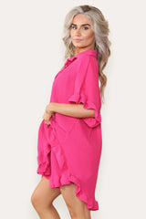 Pleated Button Up Frill Detail Shirt & Matching Frill Shorts Co-Ord in Hot Pink