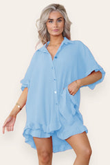 Pleated Button Up Frill Detail Shirt & Matching Frill Shorts Co-Ord in Baby Blue