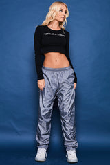 Low Rise Elasticated Waist Reflective Full Length Trousers in Grey front 2