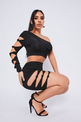 Knot Sleeve One Shoulder Crop Top in Black side 2Knot Sleeve One Shoulder Crop Top in Black side 5