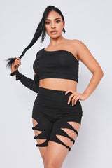 Knot Sleeve One Shoulder Crop Top in Black front 2