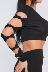 Knot Sleeve One Shoulder Crop Top in Black top