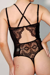 Cutout Detail Halter Neck Lace Bodysuit in Black back