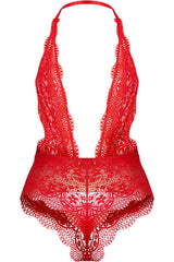 Lace Extreme Plunge French Knicker Shape Bodysuit in Red detail
