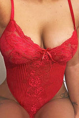 Floral Lace Extreme High Leg Thong Bodysuit in Red detail